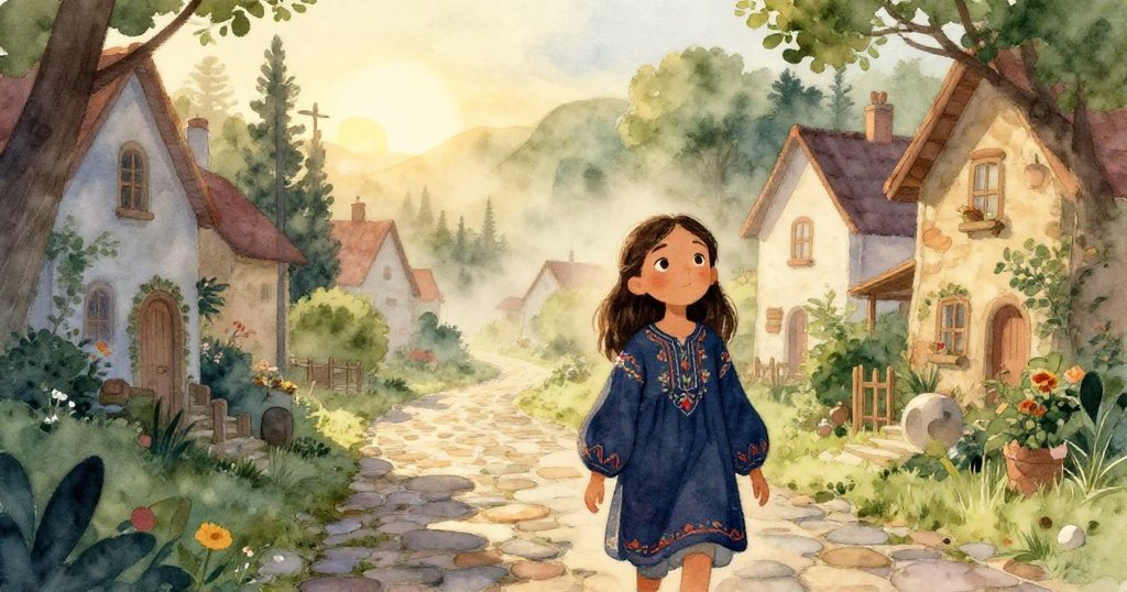 Elena迎向晨曦，走出溫暖村莊，石子路上晨霧氤氳，臉上流露驚喜與希望。