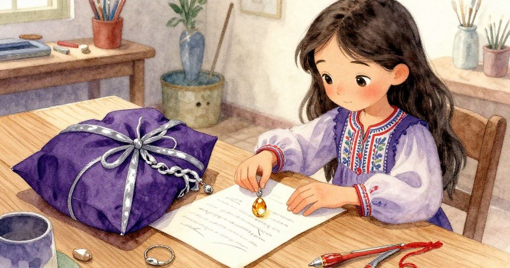 Elena於工作室仔細檢視奇妙包裹與吊墜，手部細節豐富，展現好奇欣喜情緒。