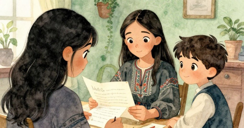 Elena閱讀手寫便條，Mateo在旁注視，室內柔光映出神秘與驚奇，情感互動真摯。