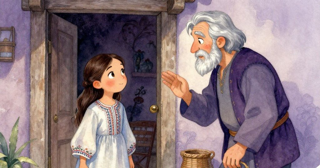 Elena站在門口，聽取商人揭示家族祕密，溫柔光影襯托出她專注與驚喜情緒。