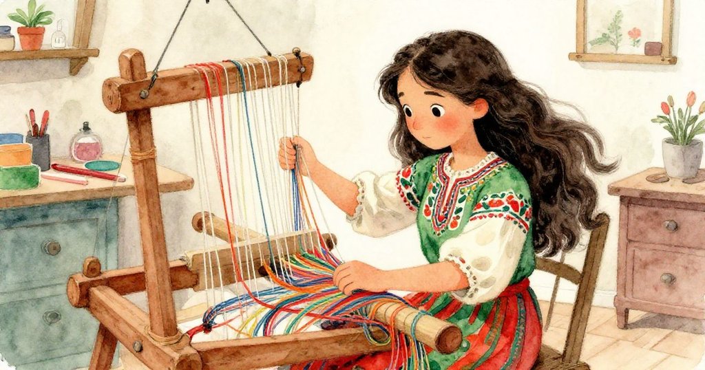 Elena在工作室奮力織布，鮮豔線條隨動展現創意與決心，神情充滿活力與靈感。