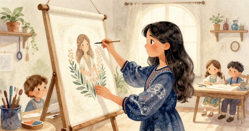 Elena在明亮工作室中欣賞完成掛毯，四周充滿傳統藝韻與溫馨光影，心中滿懷平靜與成就。