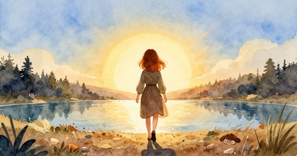 Sophie 在晨曦中站在隱藏湖邊,剪影展現冒險與希望,場景充滿金色晨光與靜謐湖面。