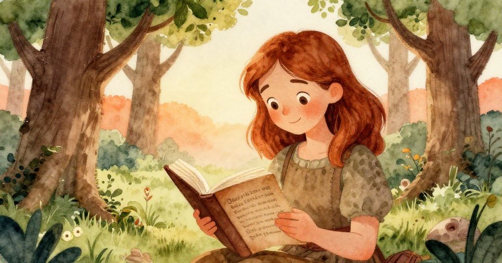 Sophie 坐在幽靜樹林中細讀古信,神情混合著懷舊與驚喜,周圍夕陽暖光映照自然美景。