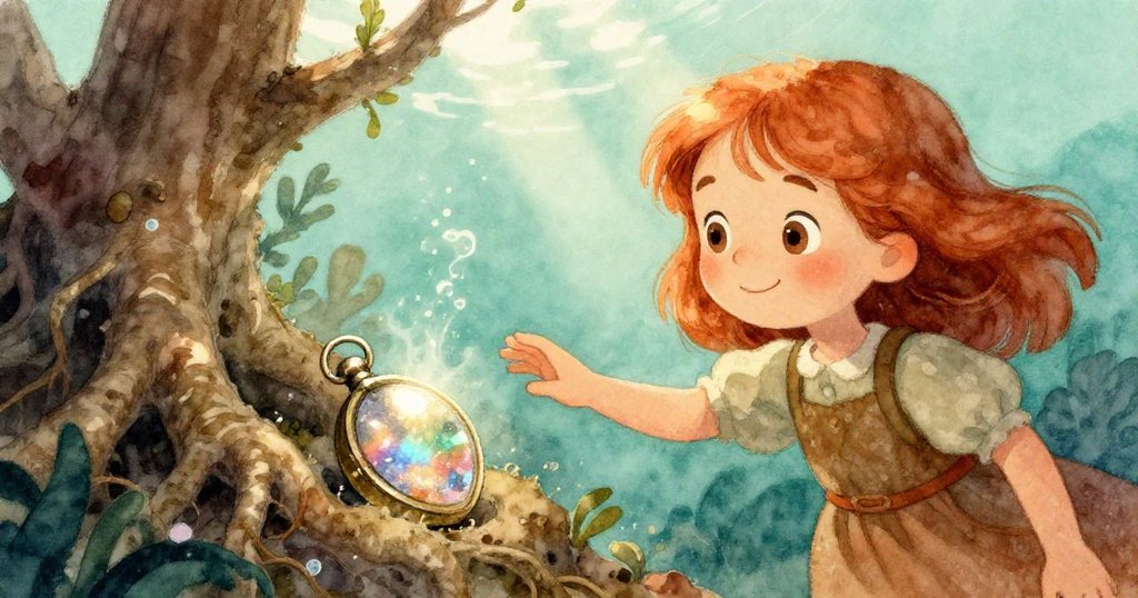 Sophie 在水下靠近古樹根處發現閃爍墜飾,手觸精緻刻紋墜飾,水光迷幻映出秘密韻味。