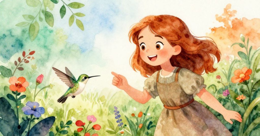 Sophie 在鮮花叢中與蜂鳥互動,開心伸手觸摸飛舞精靈,展現大自然的活力與喜悅。