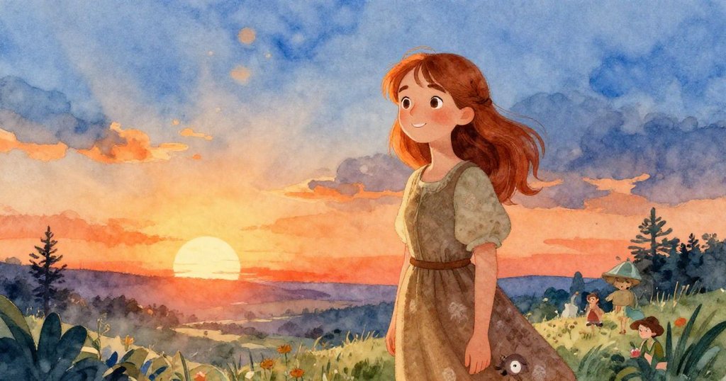 Sophie 在夕陽微光下微笑立於開闊天地間,背景夢幻光影交織,散發著成長與無限希望的情感。