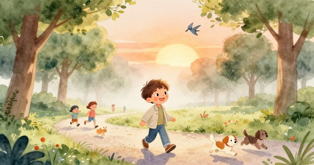 班在晨霧中快樂散步於公園,背景有高綠樹、嬉戲的孩子、飛翔的小鳥及奔跑的狗,充滿期盼與幸福感。