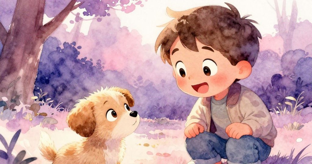 班的臉部特寫展現驚喜與溫暖笑容,他正看著一隻迷路的小狗,背景柔和的公園光影襯托轉折情節。