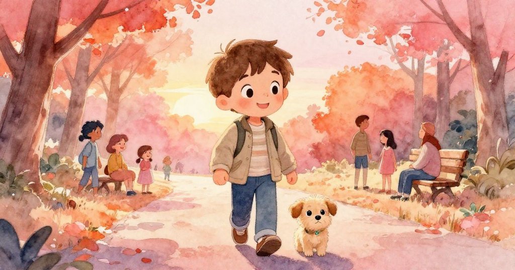 班牽著小狗沿著樹蔭大道前行,與熱心的路人交流,夕陽染紅天際,展現溫馨互助的動人情景。