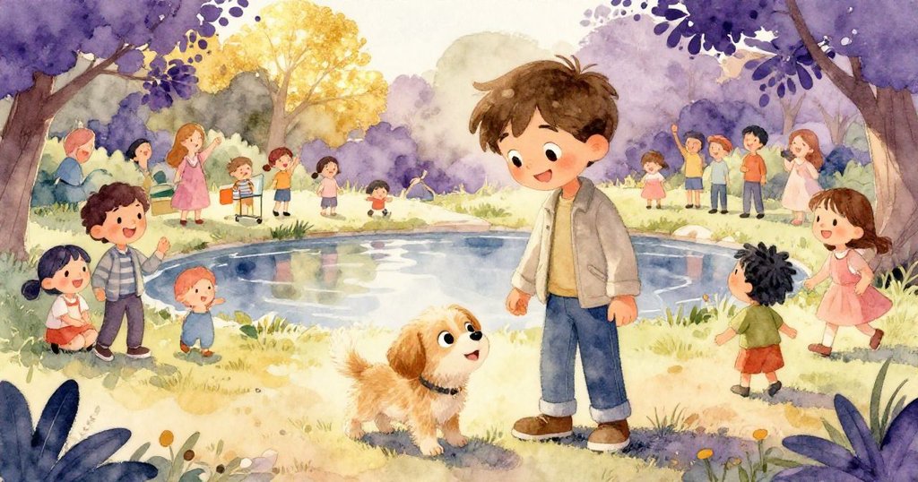 班與小狗在公園中與群眾共享歡樂,孩子們在池塘邊嬉戲,每個人皆洋溢微笑,充滿溫馨與喜悅氛圍。