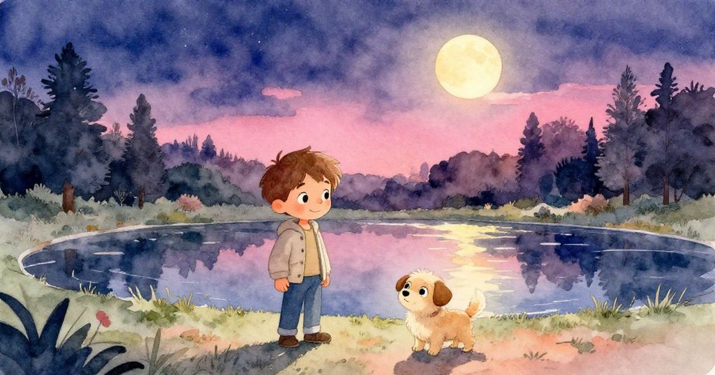 班與小狗在黃昏公園中凝視寧靜池水,月光與星輝映出柔和夢幻景致,展現故事圓滿與平和喜悅的結局。