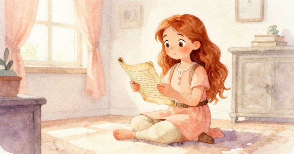 Mia 在溫暖房間中側身拿著古舊信件，神情充滿好奇與期待，窗外晨光微透，展現冒險序章。