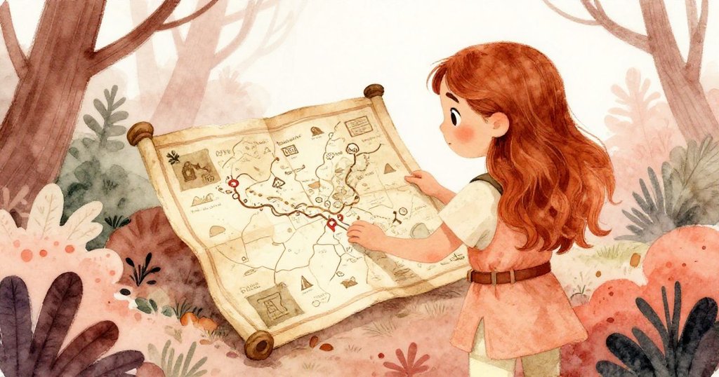 Mia 從背後望著一張古舊地圖，神情堅定探索隱秘小徑，地面落葉點綴森林氛圍。
