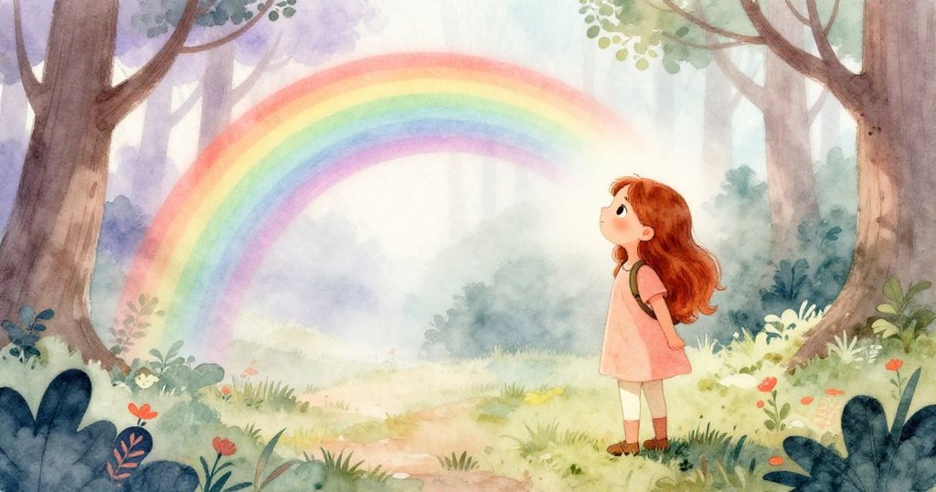 Mia 置身於陽光森林空地，晨霧散去迎來彩虹輝映，臉上滿是驚嘆與喜悅，時光流轉。