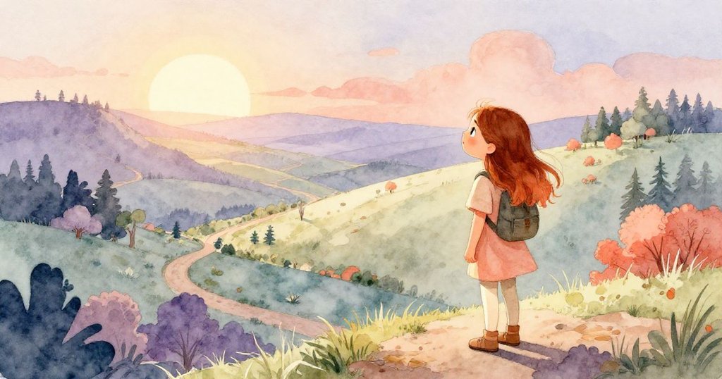 Mia 在廣闊夕陽下靜默沉思，她的身影渺小卻映襯著廣袤奇幻景致，象徵命運之美與成長。