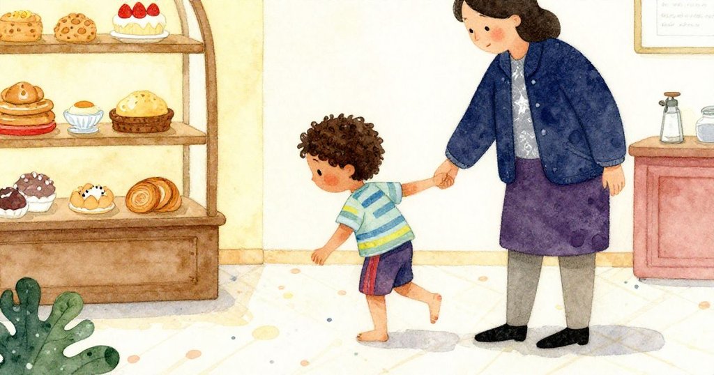 湯姆與父母踏入溫馨麵包店,清晰呈現腳步與光影交錯,傳達出探索美味世界的期待