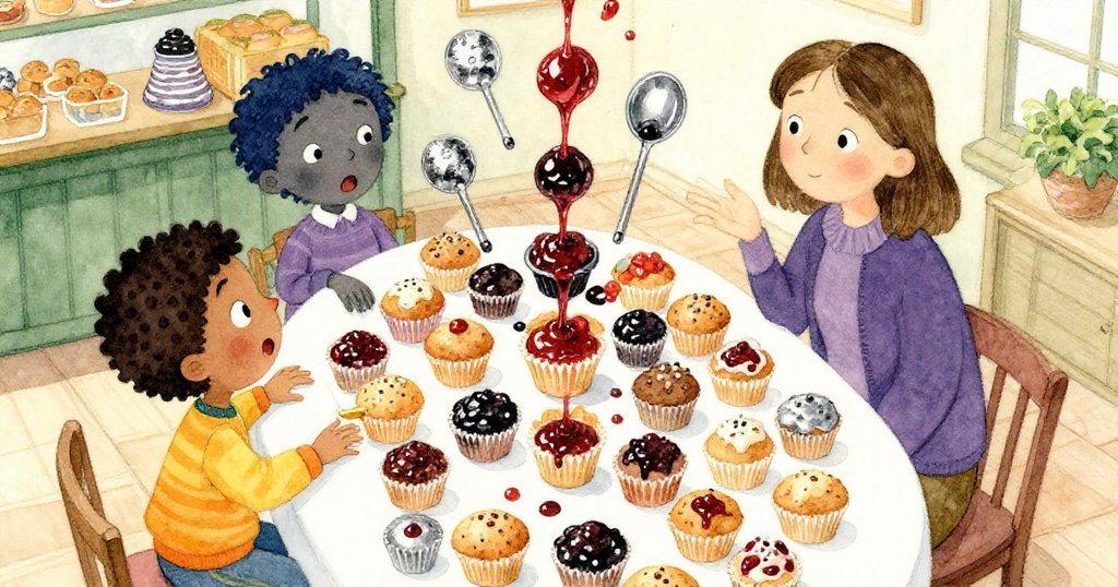 高處俯視桌上滿載新鮮鬆餅與果醬,湯姆與父母驚訝注目魔法瞬間,氛圍充滿奇幻與溫暖