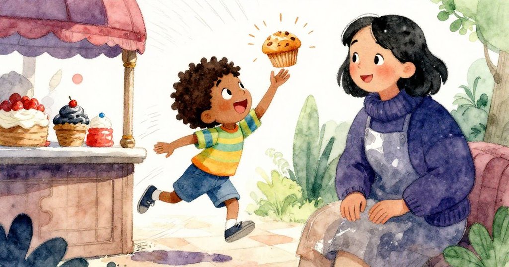 湯姆充滿活力地躍向新增鬆餅,神情喜悅,父母微笑關注,魔法氣氛讓麵包店充滿生機