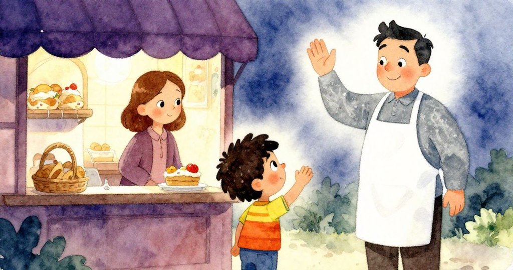 湯姆與父母滿懷喜悅離開麵包店,麵包師傅溫柔揮手送別,結束一天充滿魔法驚喜的冒險