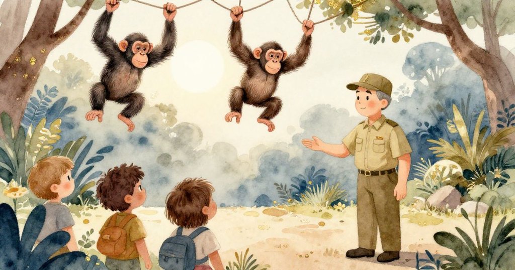 動物園開門時段,Zookeeper 熱情打招呼,猩猩在樹上蕩漾,環境明亮充滿期待與生機。