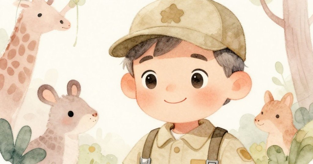 Zookeeper 面帶溫柔笑容迎接遊客,特寫展現他親切神情與背景中柔和動人的動物園景致。