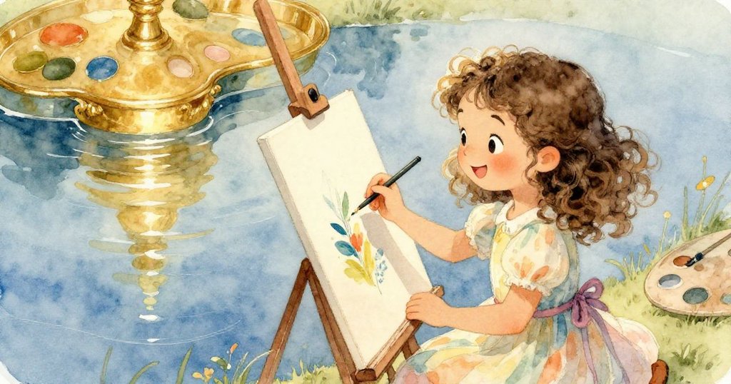 Young Girl 在小水潭旁作畫,畫布顏色明亮映出她夢想,專注而充滿幻想的情景。