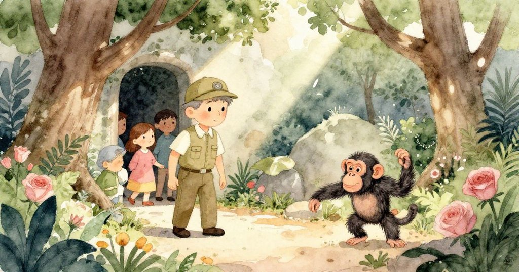 Zookeeper 引領遊客走入樹蔭祕密花園,猩猩好奇探望,柔和音樂中展現迷人隱密角落。