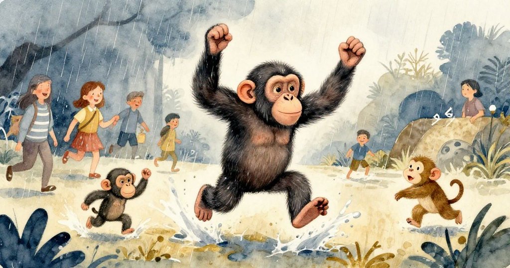 突如其來雨中遊客急奔避雨,猩猩與動物歡樂跳躍,色調充滿活力呈現熱鬧氣氛。