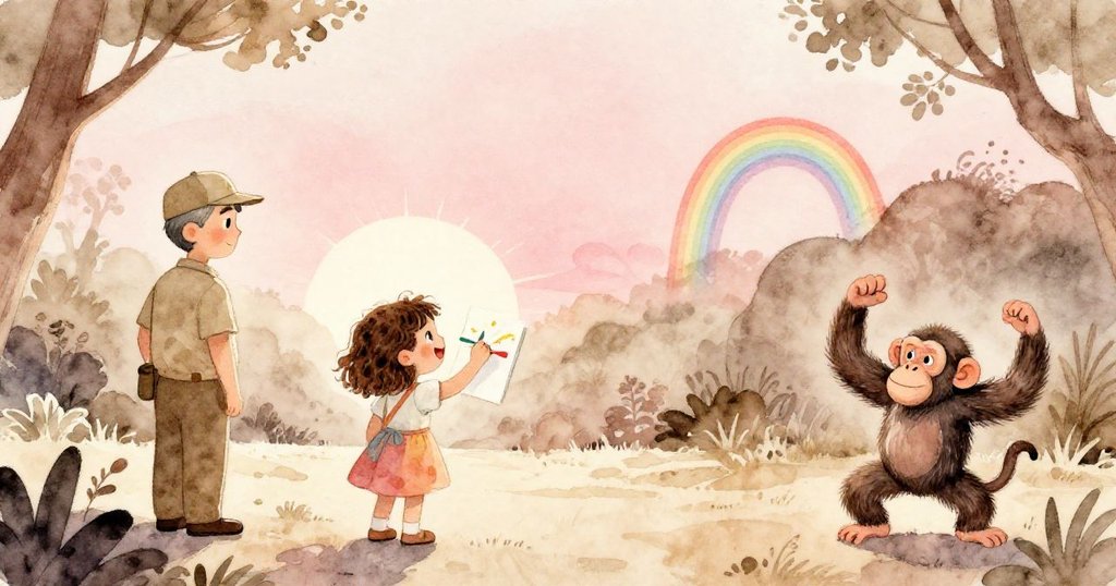 Young Girl 完成彩虹畫作,Zookeeper 望向明日朝陽,猩猩隨雨滴舞動,夜幕低垂中滿懷希望與未來展望。