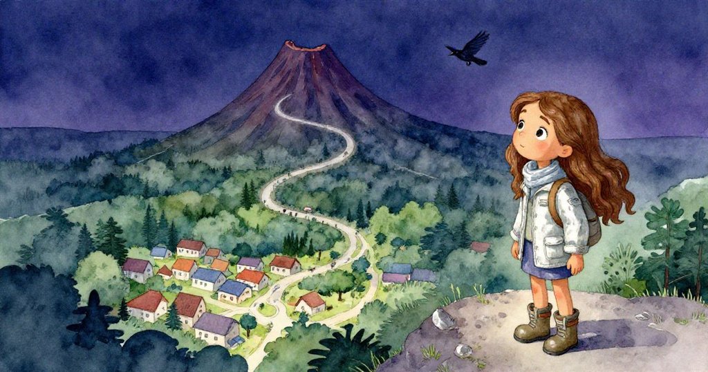 安娜在蜿蜒小徑上前往神秘火山，遠處城鎮和高空烏鴉飛翔，展現冒險開始的奇妙旅程