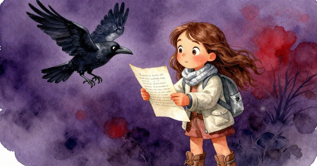 安娜側身仔細展開神秘信件，旁邊有飛行的黑烏鴉，信中詩意文字引發希望，展現探索中的驚奇心情