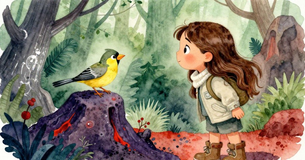 從安娜背後視角看她注視著岩石上歡唱的金絲雀，火山背景柔和奇幻，展現自然魔法與驚喜瞬間