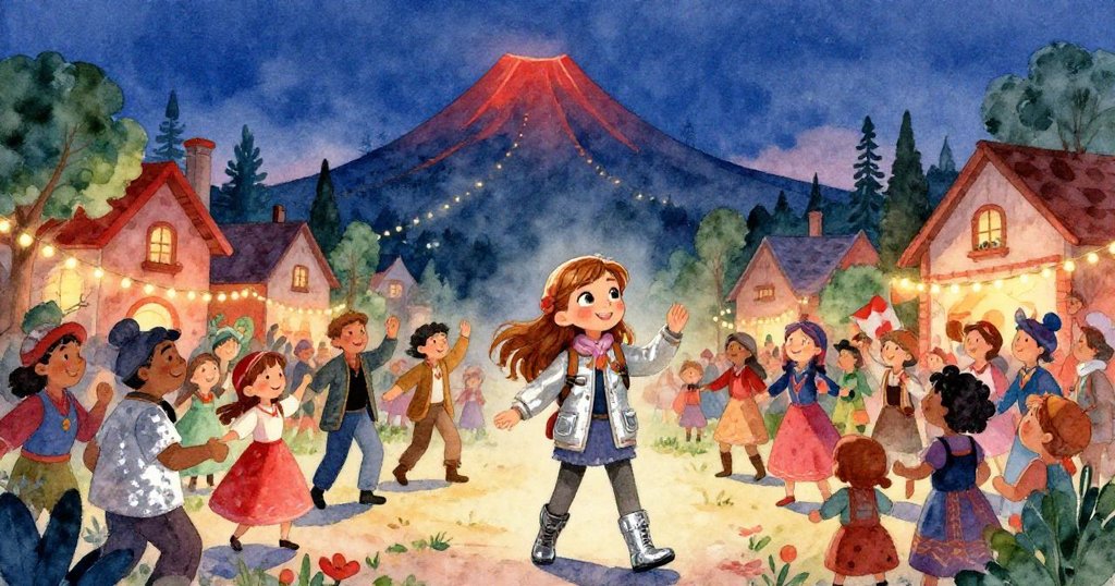 安娜與村民在火山旁慶祝節日，燈光柔和夜空中舞蹈歡笑，展現熱鬧和諧的場景