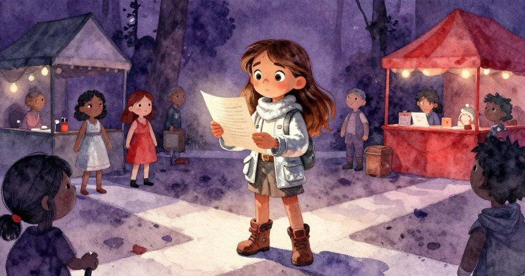 安娜在節日現場的岔路口沉思決定，手握神秘信件，面帶堅定與興奮，展示希望分享的轉捩點