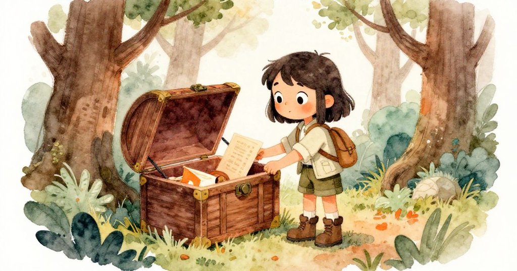 Mia在隱蔽樹林中打開古舊寶箱，細緻呈現箱中秘密，表情專注且充滿驚喜。