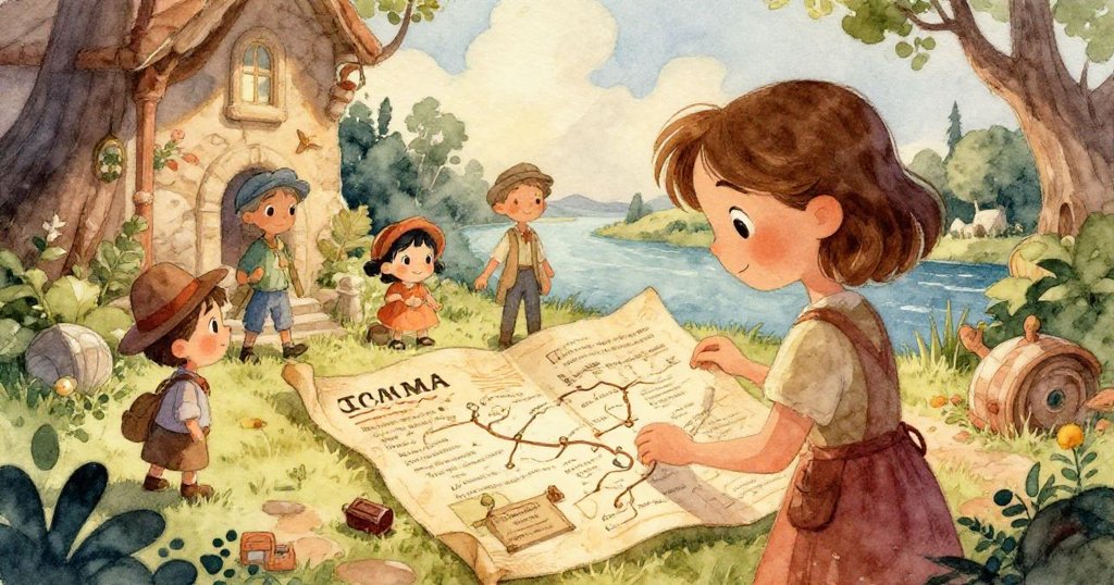 透過小動物視角，呈現閃亮卵石及隱藏鑰匙，Mia輕觸其上，溪水倒映自然光輝，細節豐富。