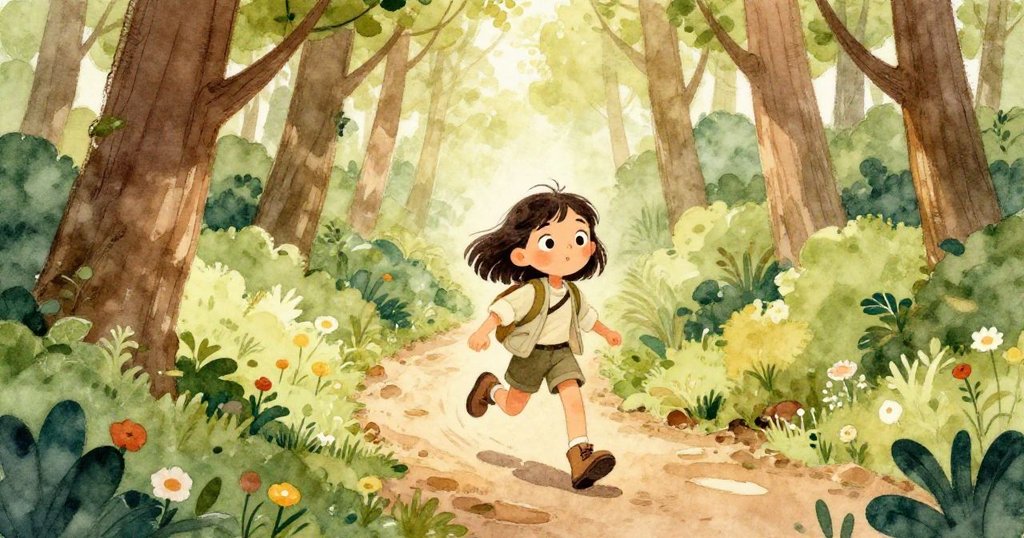 Mia沿著彎曲小徑前行，與綠意盎然的樹木花草互動，充滿生氣與自然活力，陽光明媚。