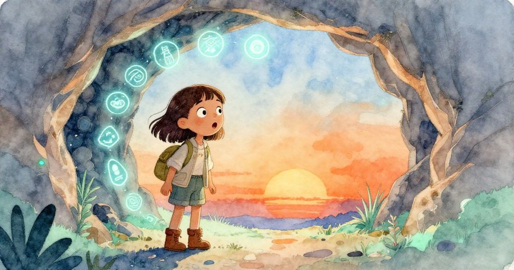 Mia驚訝凝視突現的隱藏通道，神秘光芒與符文映襯其瞬間表情，場景充滿魔幻與懸疑感。