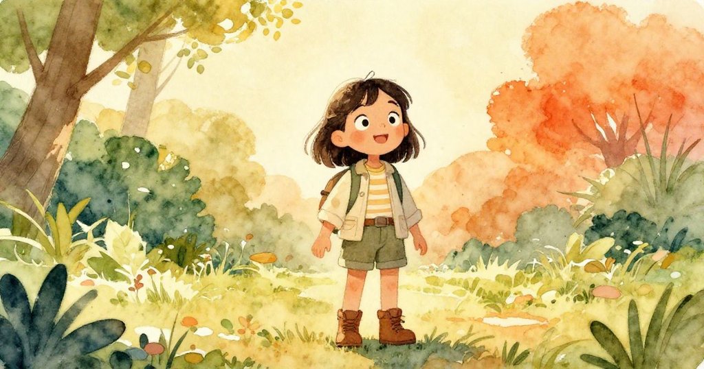 Mia微笑回憶昔日冒險，柔和光芒與神秘符號圍繞其旁，充滿溫馨與感動，情感真摯。