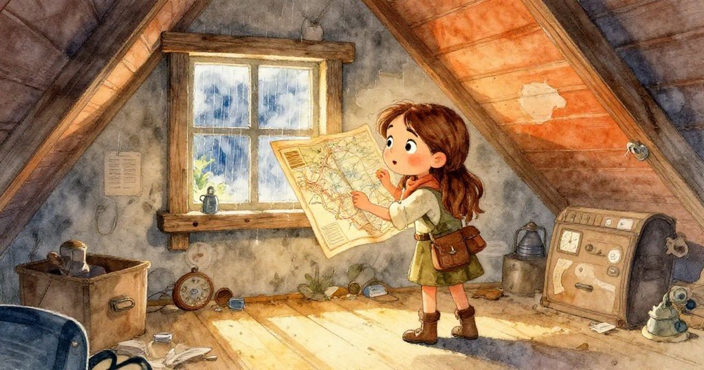 艾莉絲在陰暗閣樓中彎腰尋找隱藏的地圖，窗外雨滴飄落，她臉上流露出好奇與期待的神情。