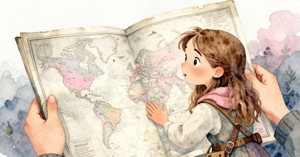 艾莉絲手持發黃古舊地圖，近距離展現紙張細膩質感與淡淡墨跡，神情充滿好奇與專注。