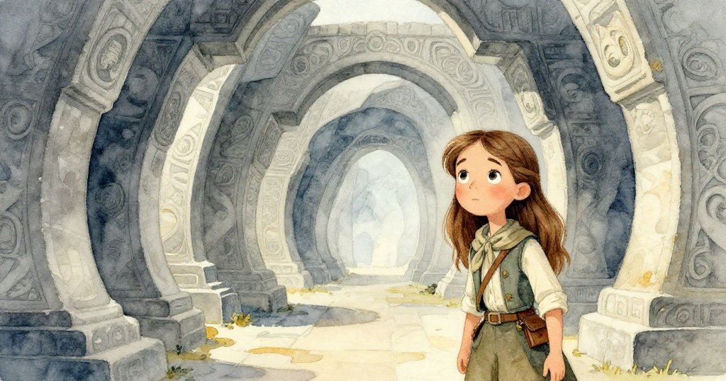 艾莉絲在曲折錯綜的古廢墟走廊中小心探步，背景雕刻隱藏陷阱，她神情專注且慎重。