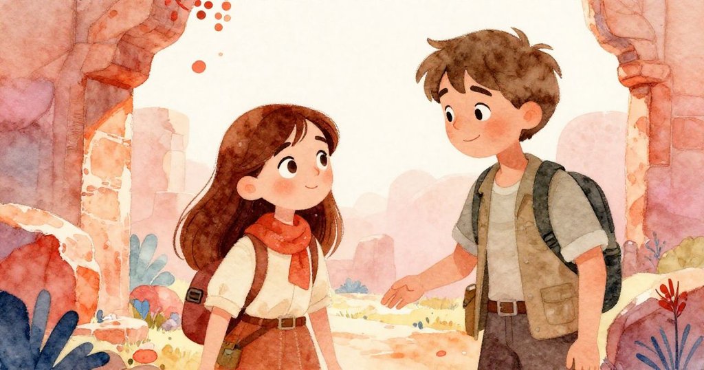 艾莉絲驚訝地與久別重逢的好友對話，好友溫和指引地圖線索，兩人互動充滿信任與鼓舞。