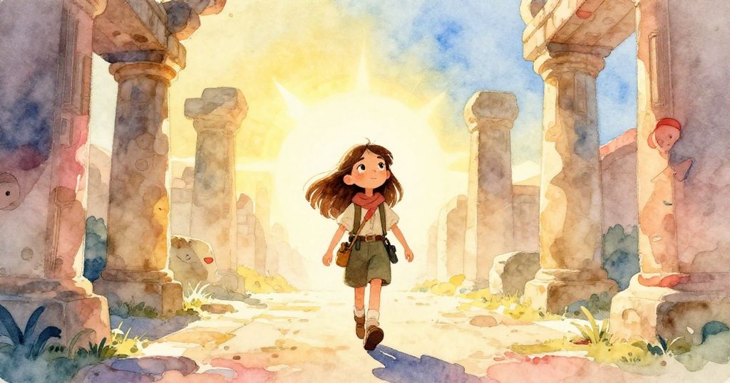 艾莉絲迎向明亮古蹟走廊的新路徑，信心滿滿地向前走，象徵冒險新起點與希望。