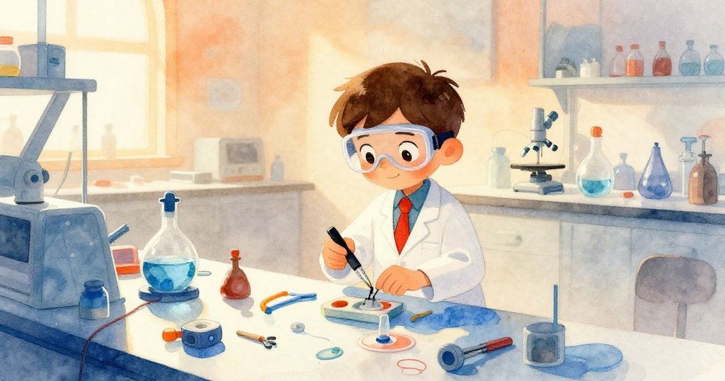 亞歷克斯在晨霧中忙碌於現代實驗室內，動手組裝創新裝置，環境溫暖充滿希望與細節