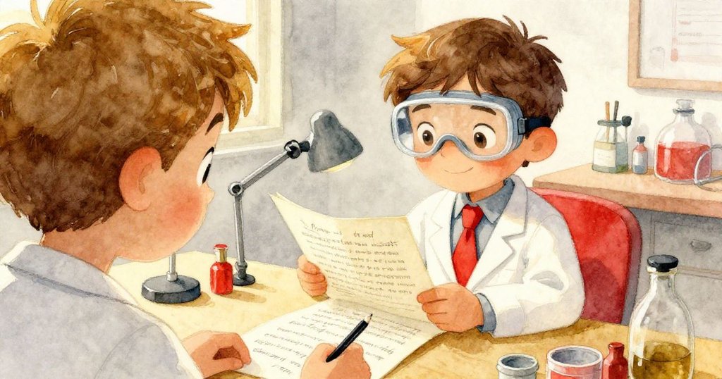 亞歷克斯從肩後角度閱讀導師信件，信上手寫計劃展現創新理念，身邊擺放實驗工具，氛圍溫暖