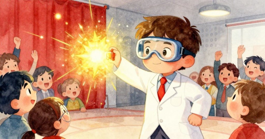 亞歷克斯於公開示範中啟動發光裝置，觀眾熱烈鼓掌讚嘆，現場燈光明亮展現科技與藝術融合