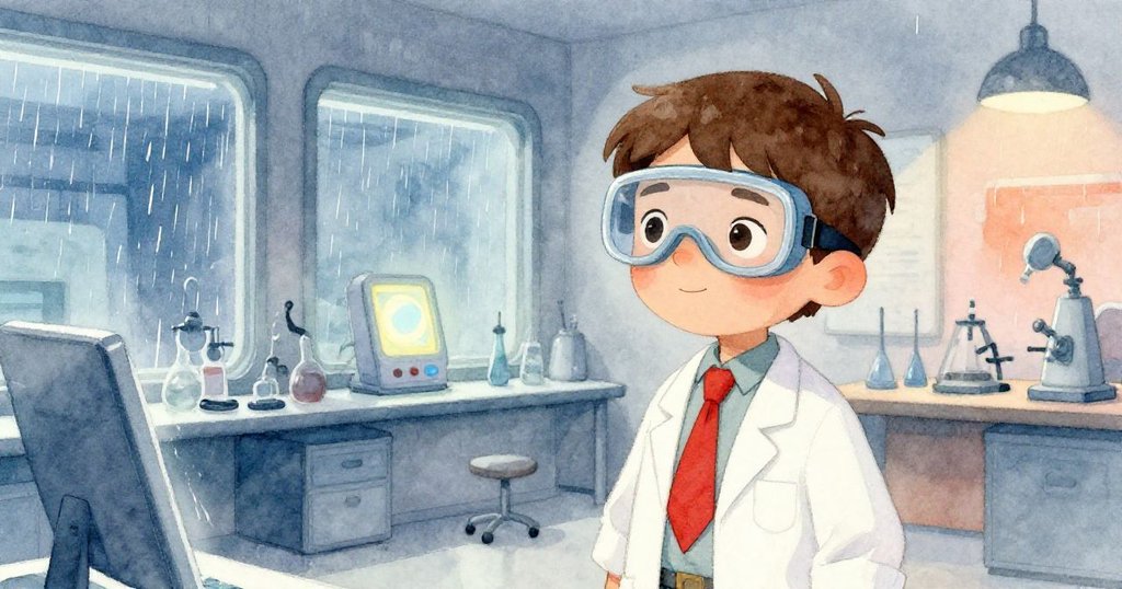 雨滴輕敲實驗室窗戶，亞歷克斯靜坐反思發光裝置，室內外光影交織展現創新旅程的平靜與希望