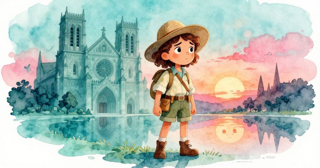 瑪麗安站在古老大教堂前，倒影中展現她好奇與堅定的神情，黃昏的金光與神秘建築相映成趣。